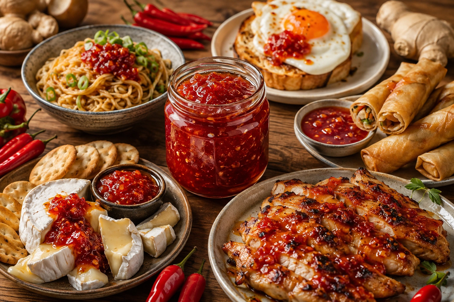 Final serving of homemade chilli jam with soft cheese and crackers