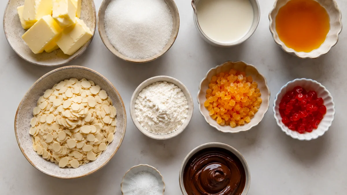 Pantry ingredients for ANZAC slice including rolled oats, golden syrup, desiccated coconut, flour, butter, and brown sugar