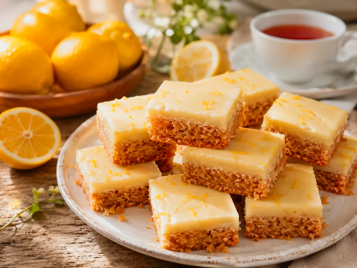 Plate of golden chewy ANZAC slice squares next to a cup of tea