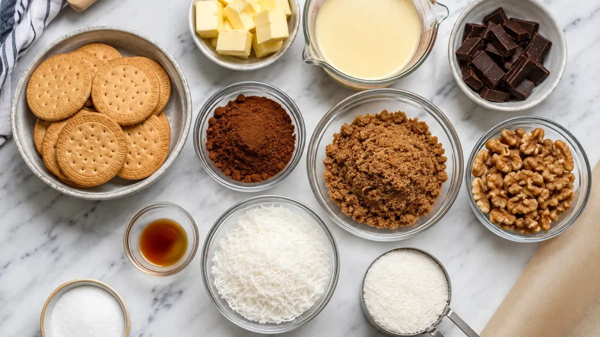 Ingredients for Cherry Ripe slice including chocolate biscuits, glace cherries, coconut, condensed milk, and dark chocolate