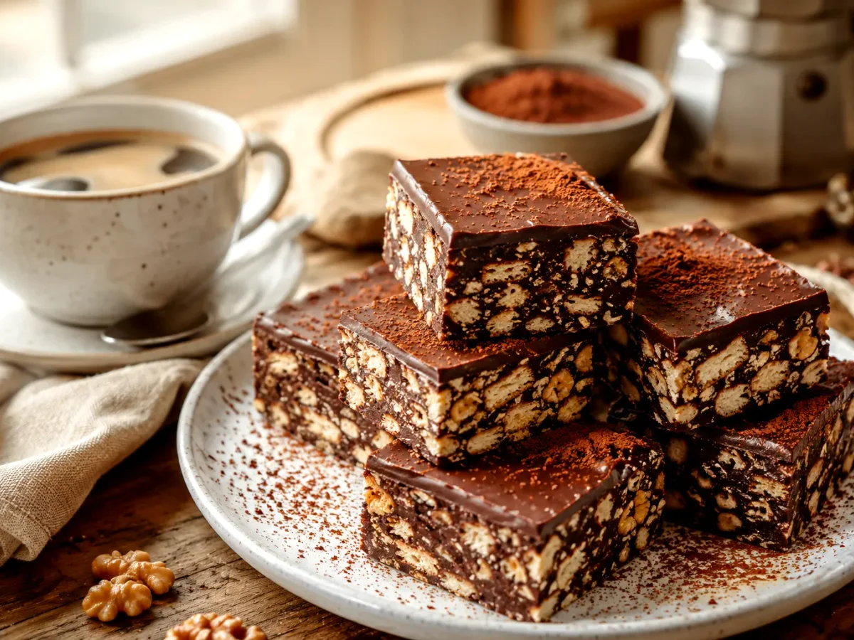 Plated Cherry Ripe slice squares served with a cup of coffee
