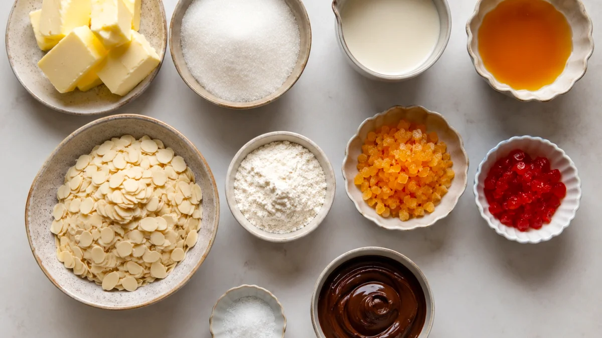 Raw ingredients for traditional chewy ANZAC biscuits including rolled oats, golden syrup, coconut, butter, flour, and bicarb