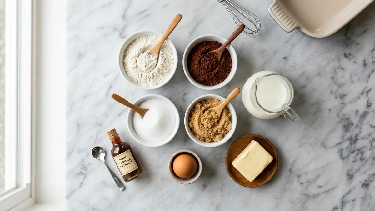 Raw ingredients for double chocolate cookies including Dutch cocoa, dark chocolate chunks, eggs, butter, and brown sugar