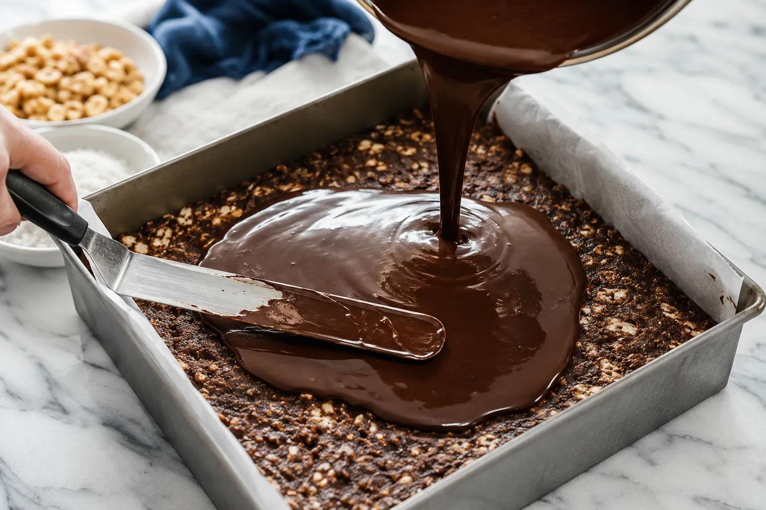 Pouring chocolate topping