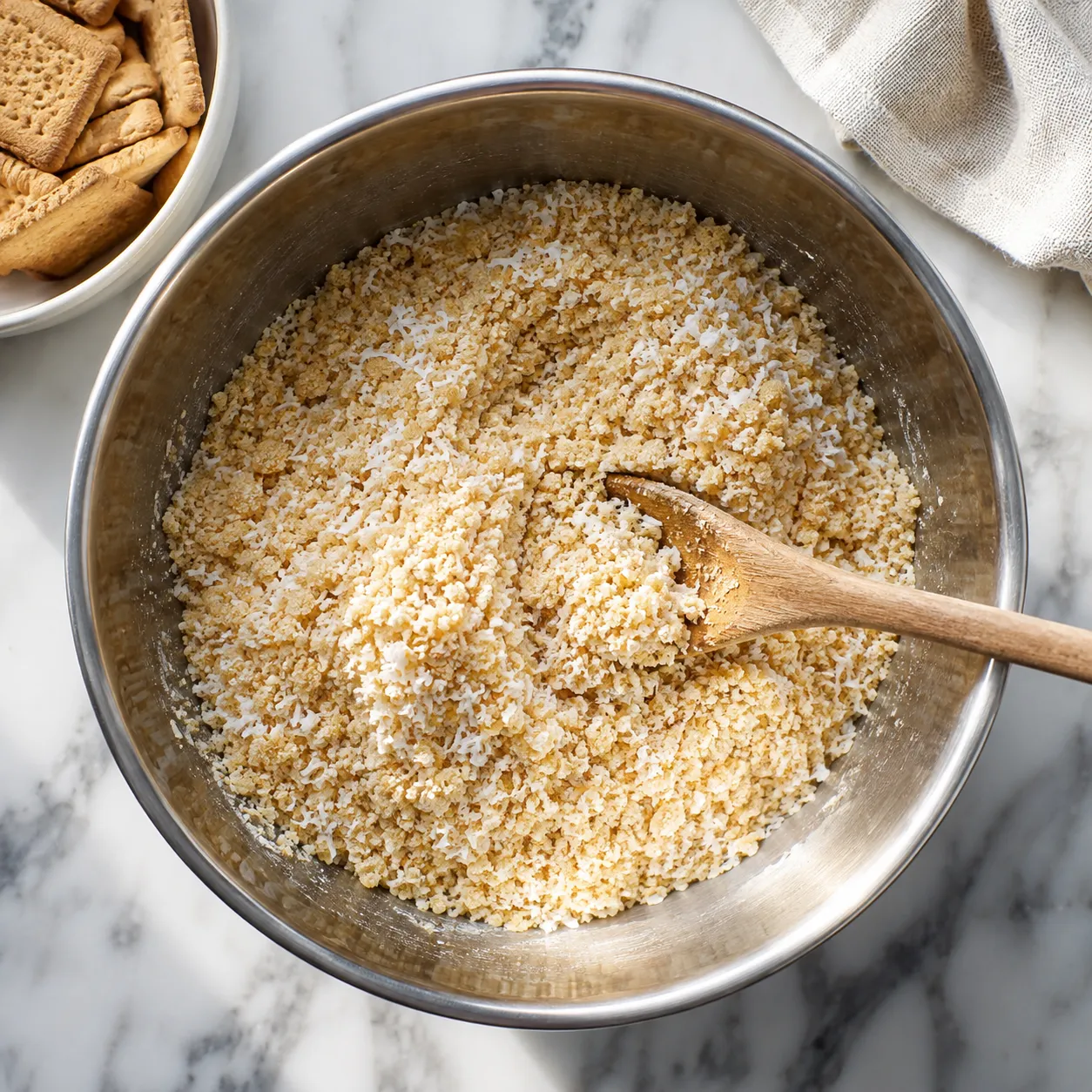 Combine crushed biscuits and desiccated coconut in a bowl