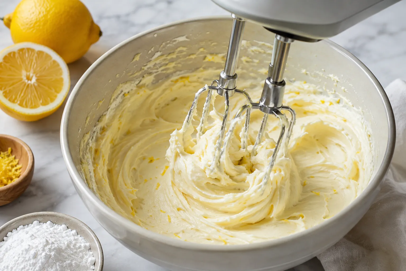 Beat softened butter, icing sugar, lemon juice and zest
