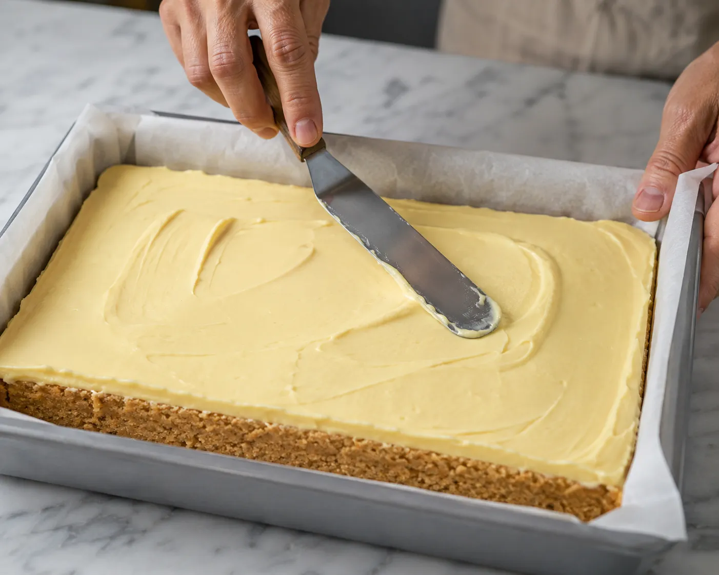 Spread lemon icing evenly over chilled base