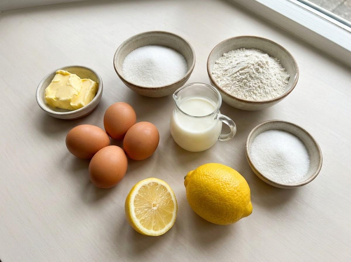 Raw ingredients for homemade limoncello including organic lemons, bottle of grain alcohol, water, and sugar