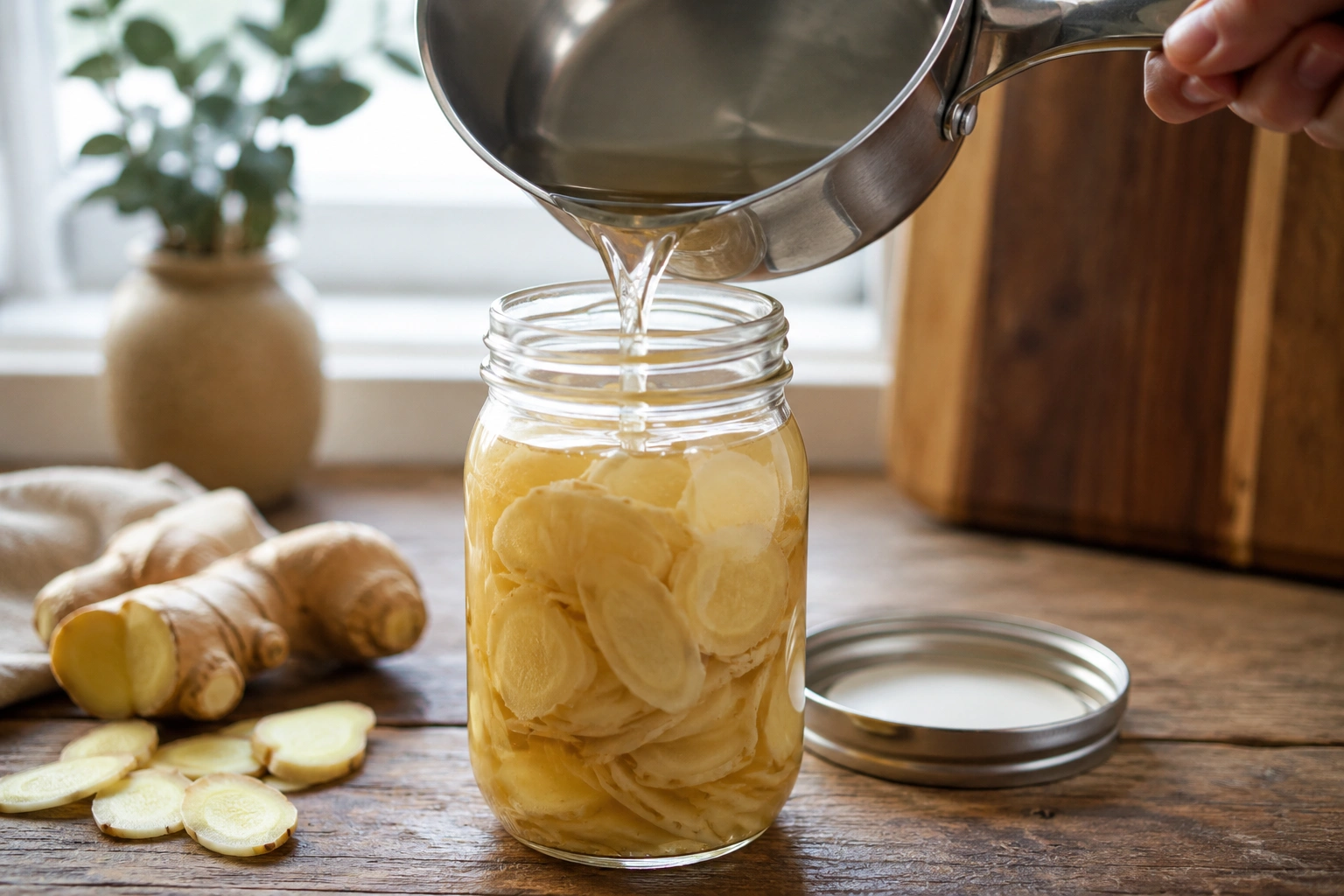 Step 4 — Pouring Warm Brine into Jar over Sliced Ginger