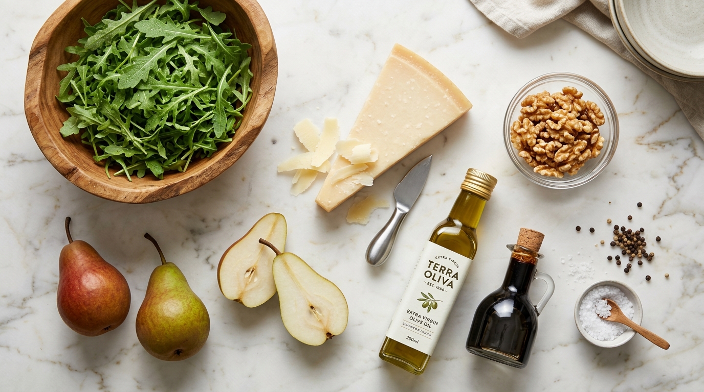 Raw ingredients for rocket pear salad flatlay including wild rocket, ripe pears, parmesan block, walnuts, olive oil, and balsamic
