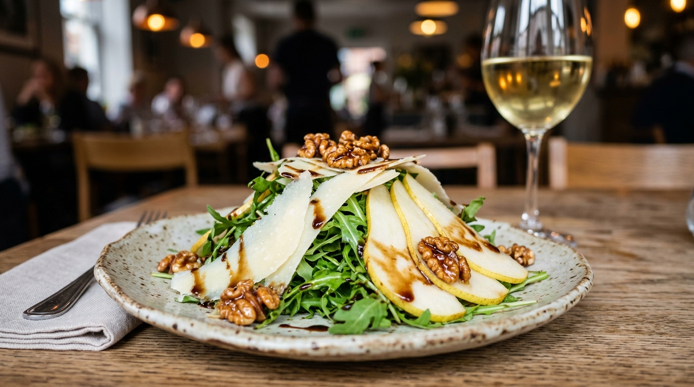Plated rocket pear salad with shaved parmesan curls, toasted walnuts, and crisp white wine