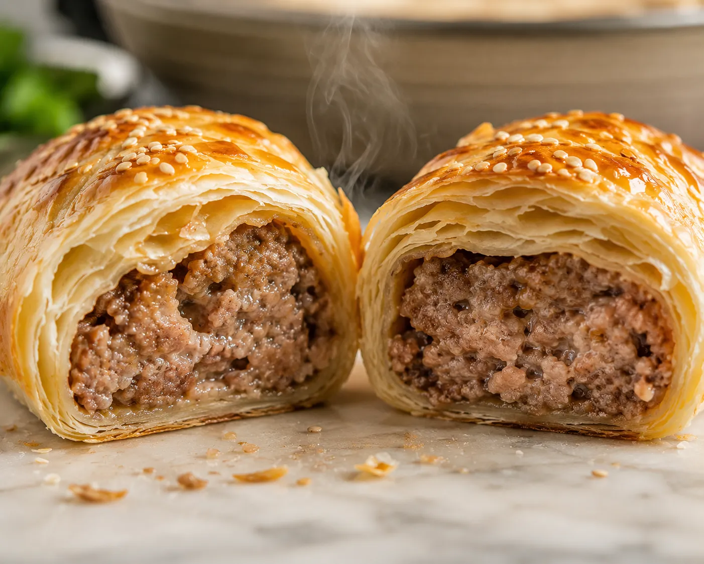 A cross-section of a perfectly baked sausage roll showing flaky layers