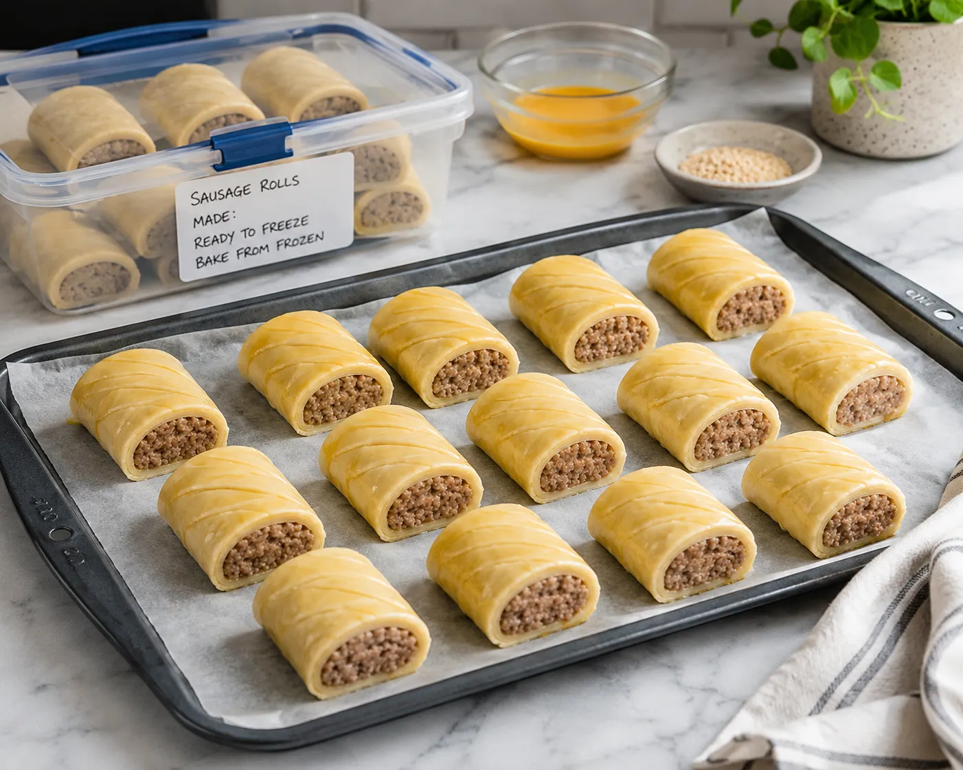 Preparing sausage rolls for the freezer