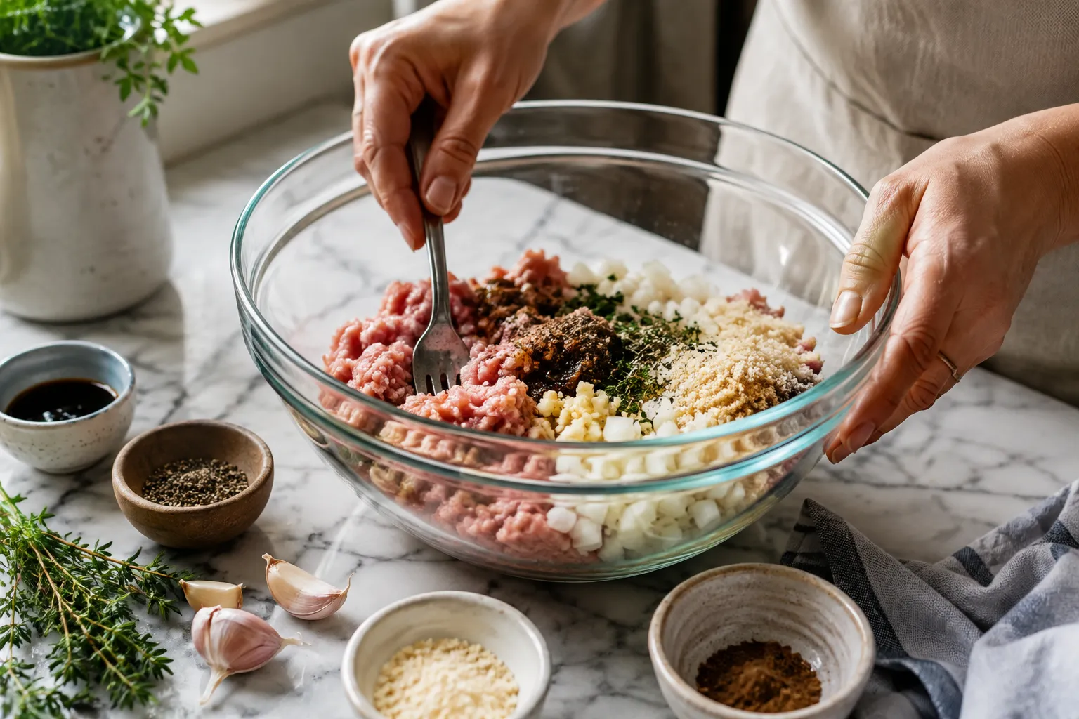 Mixing the sausage meat with seasonings