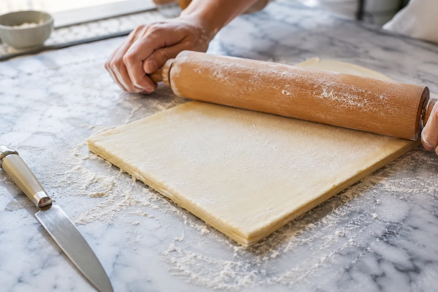 Rolling out puff pastry into long strips