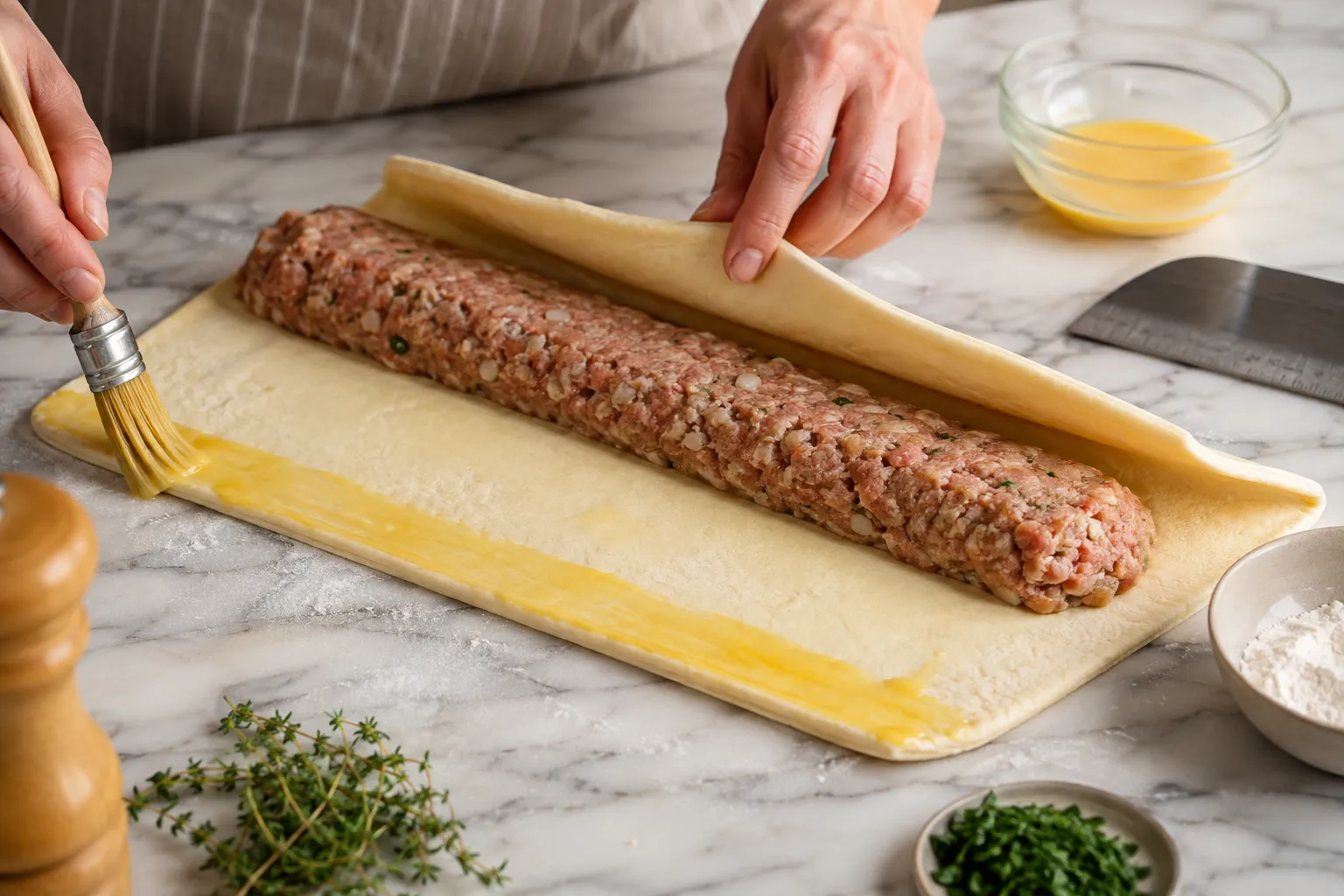 Piping the meat mixture onto the pastry