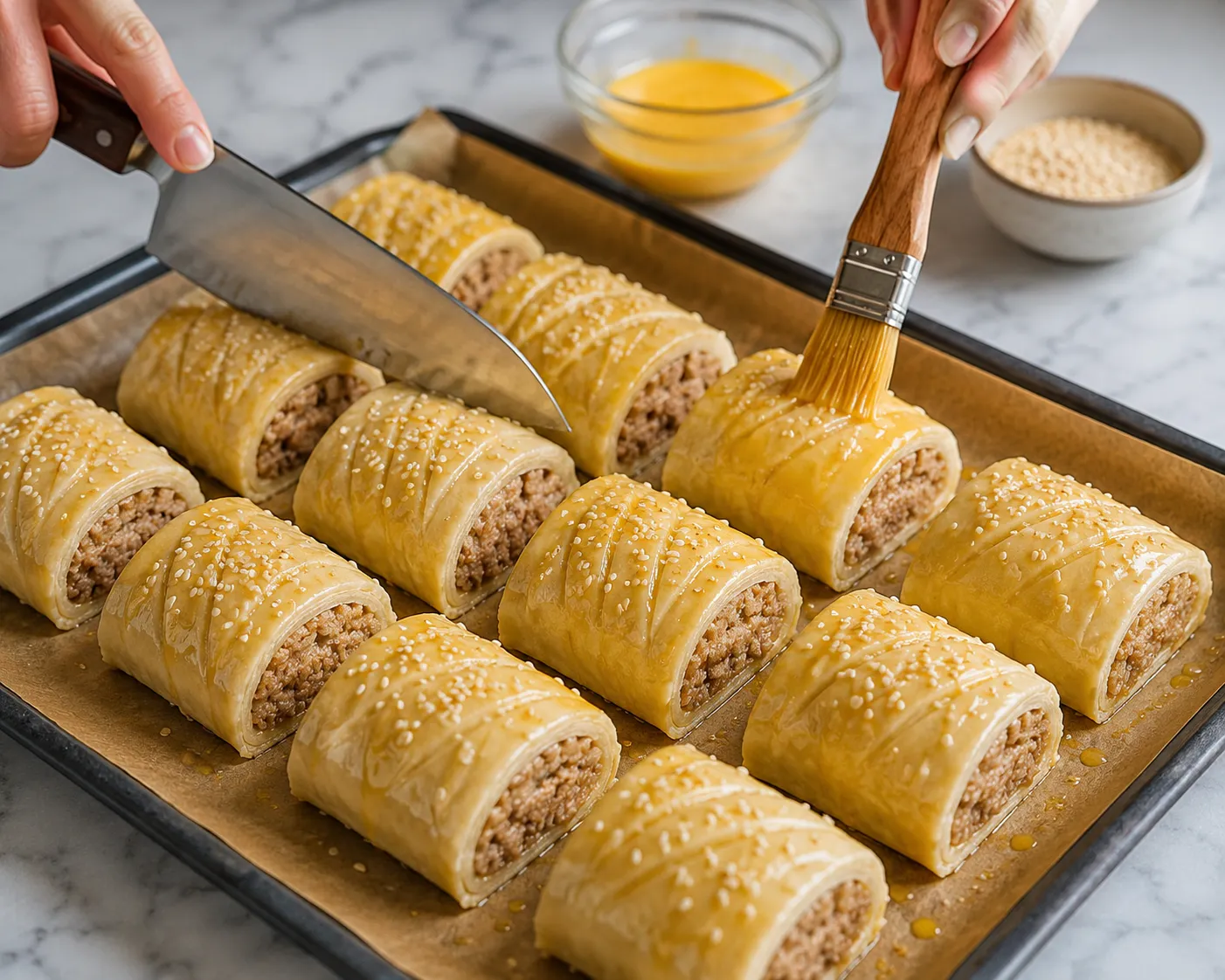 Scoring the tops of the rolls