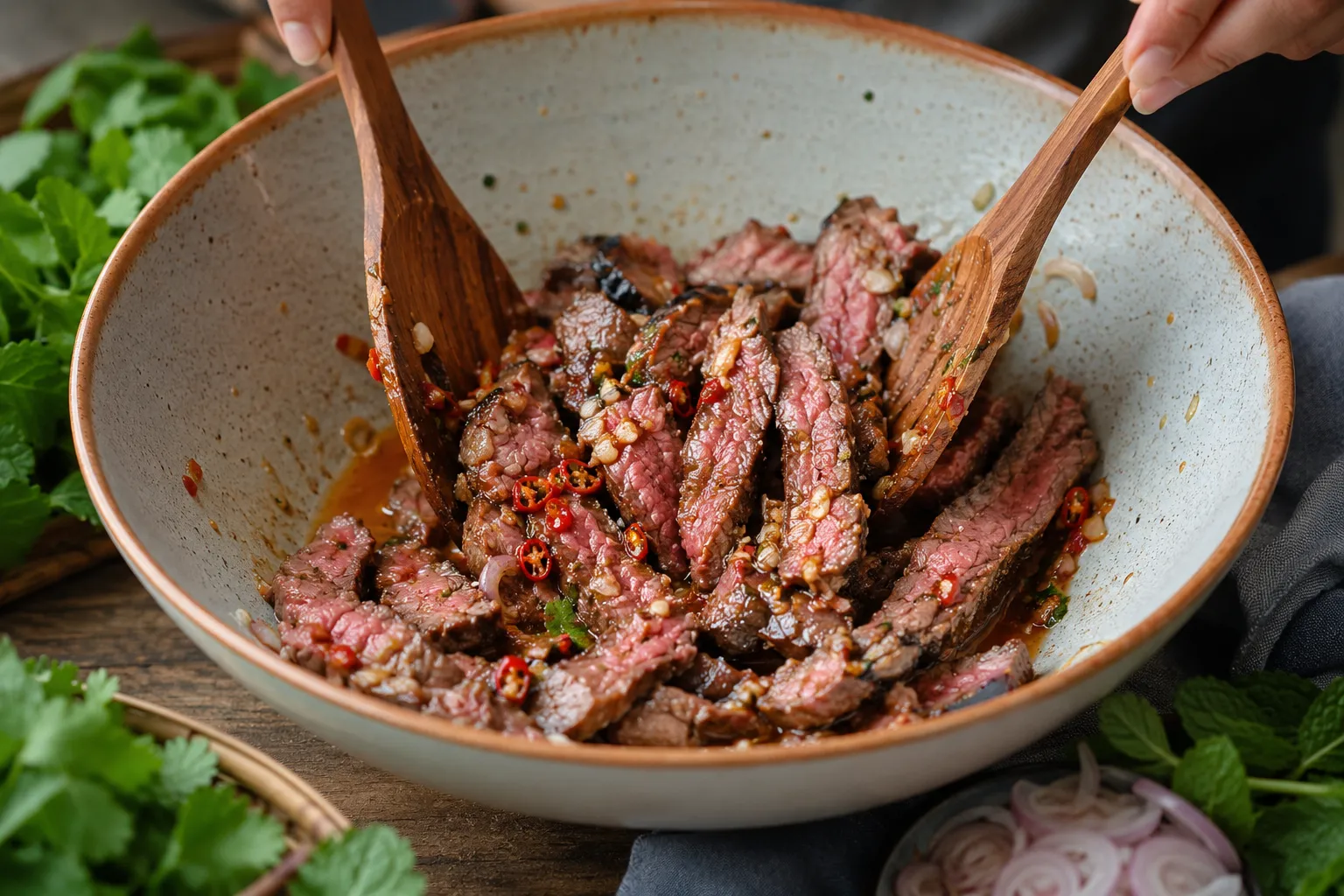 Step 15 — Toss the Beef With Dressing